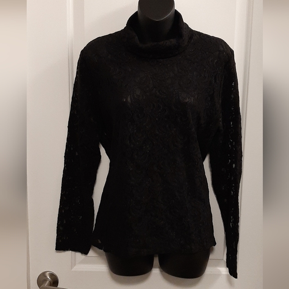 Nicole Miller Nicki Lace Turtleneck Top Womens Medium Black Sheer Long Sleeve - Picture 2 of 8